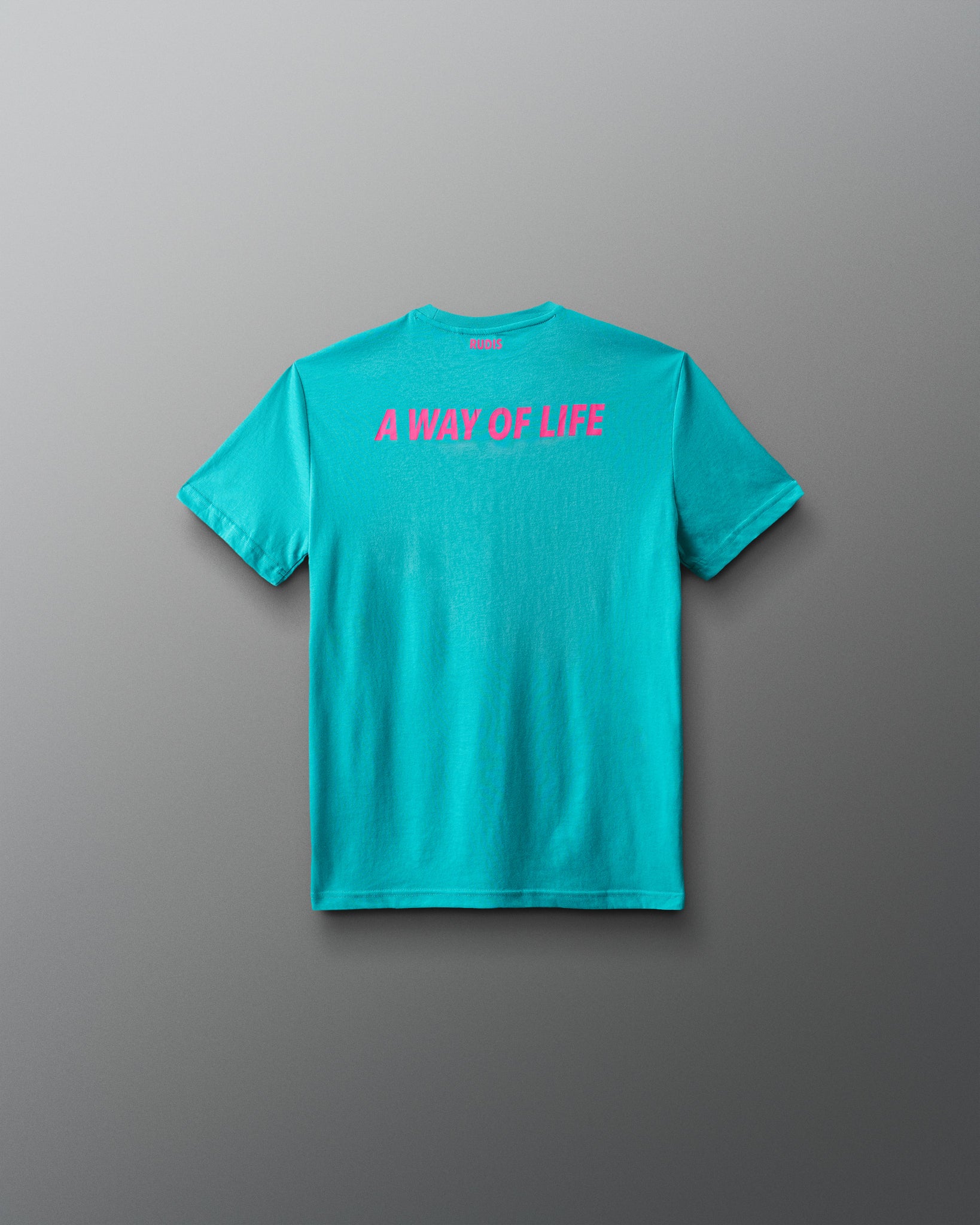 Turquoise t-shirt with 'A Way of Life' text on the back against a gray background