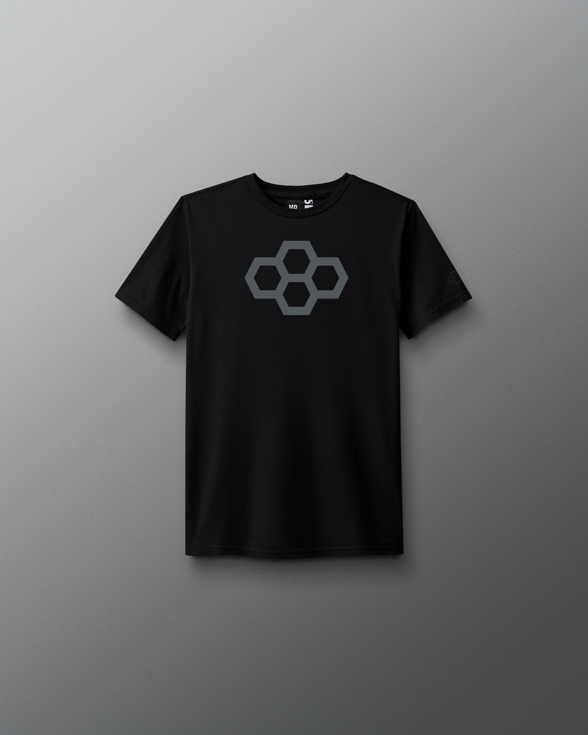 A black youth-sized t-shirt with a white graphic quadhex design on the front.