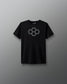 A black youth-sized t-shirt with a white graphic quadhex design on the front.
