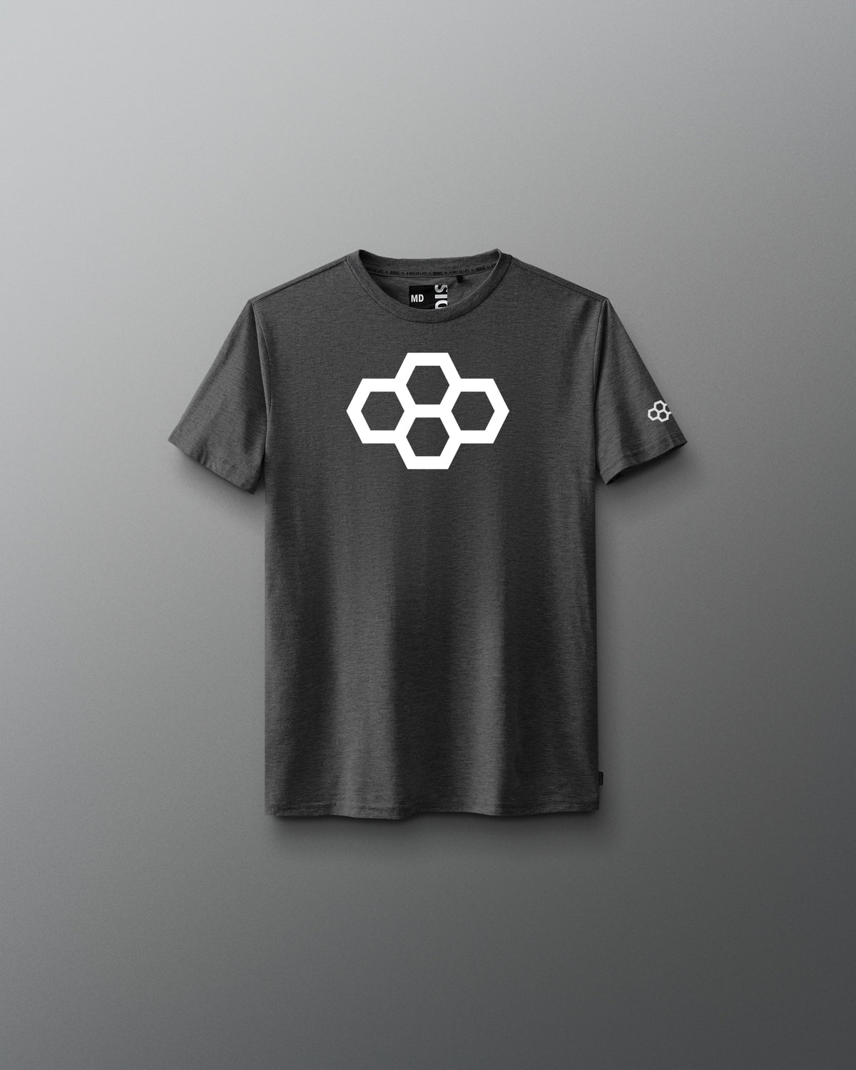 A black youth-sized t-shirt with a white graphic quadhex design on the front.