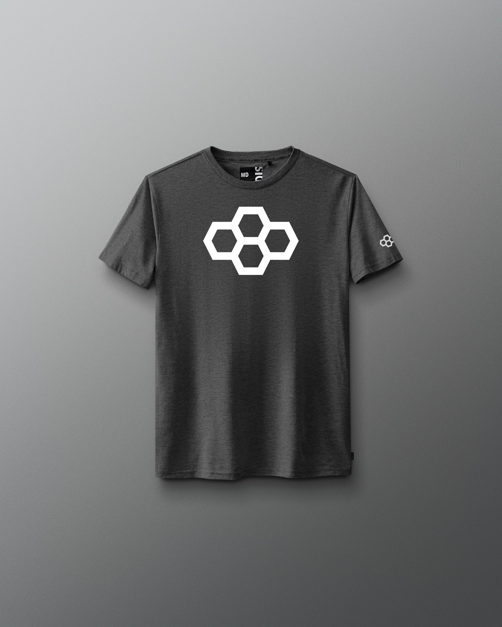 A black youth-sized t-shirt with a white graphic quadhex design on the front.