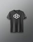A black youth-sized t-shirt with a white graphic quadhex design on the front.