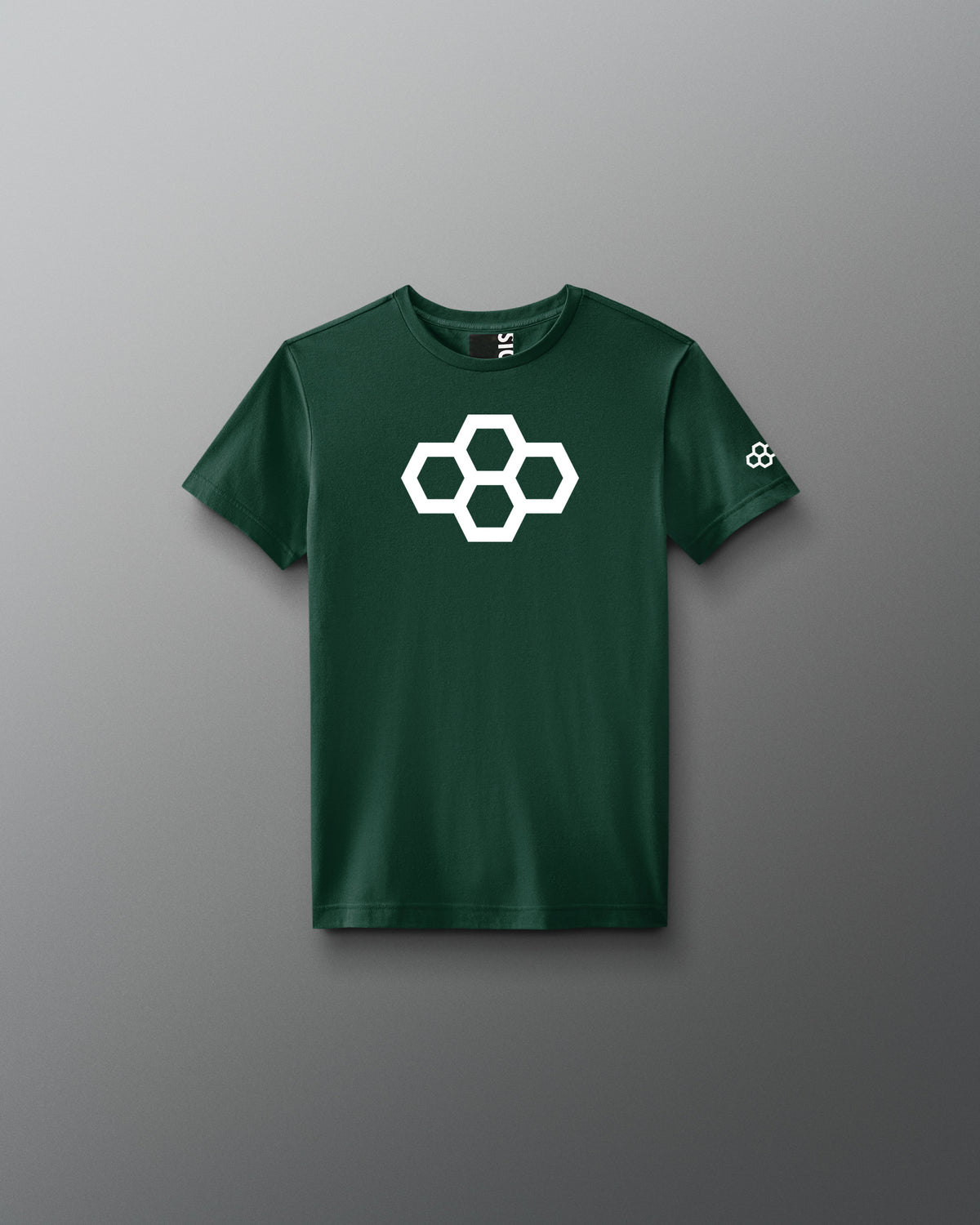 A black youth-sized t-shirt with a white graphic quadhex design on the front.