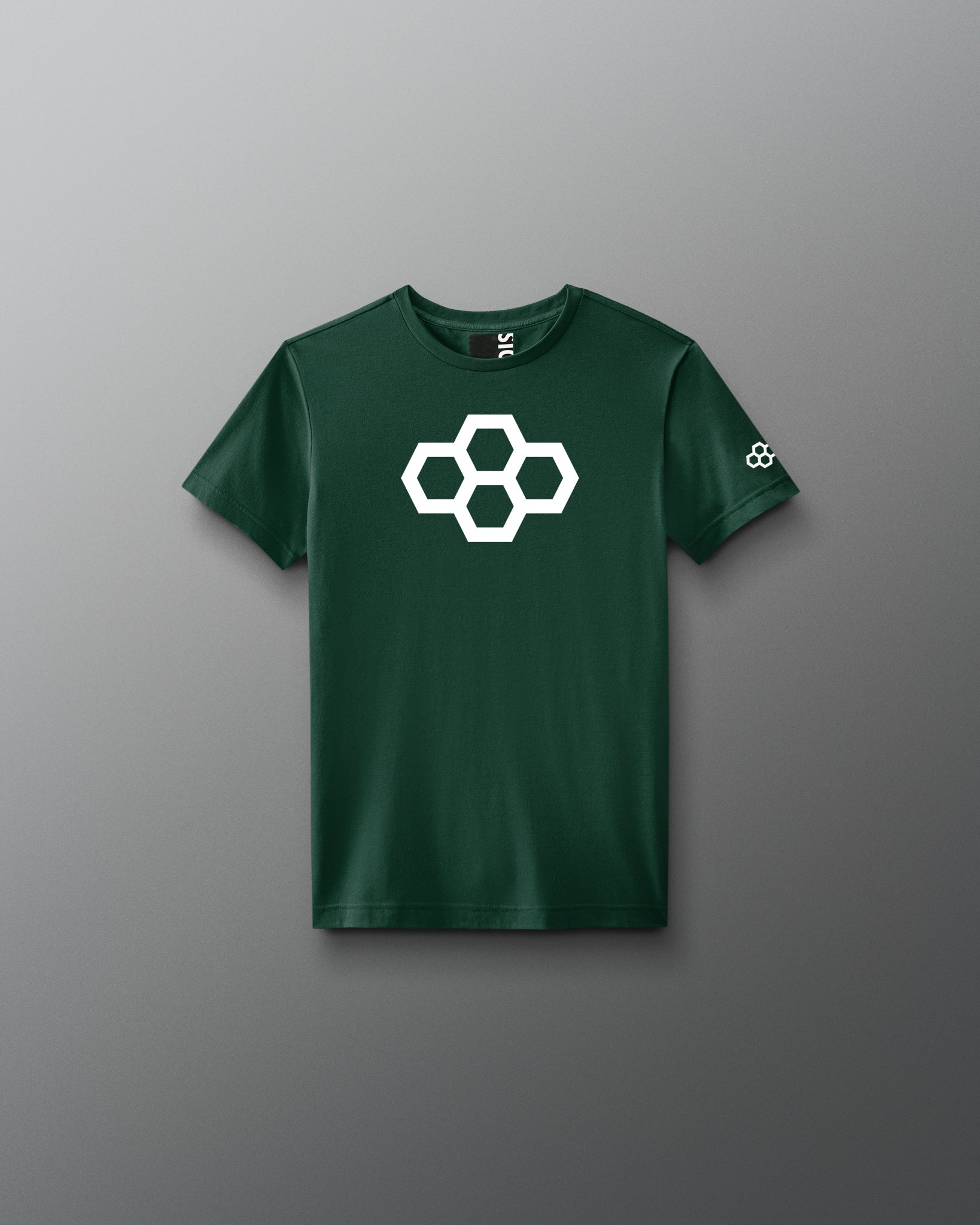 A black youth-sized t-shirt with a white graphic quadhex design on the front.