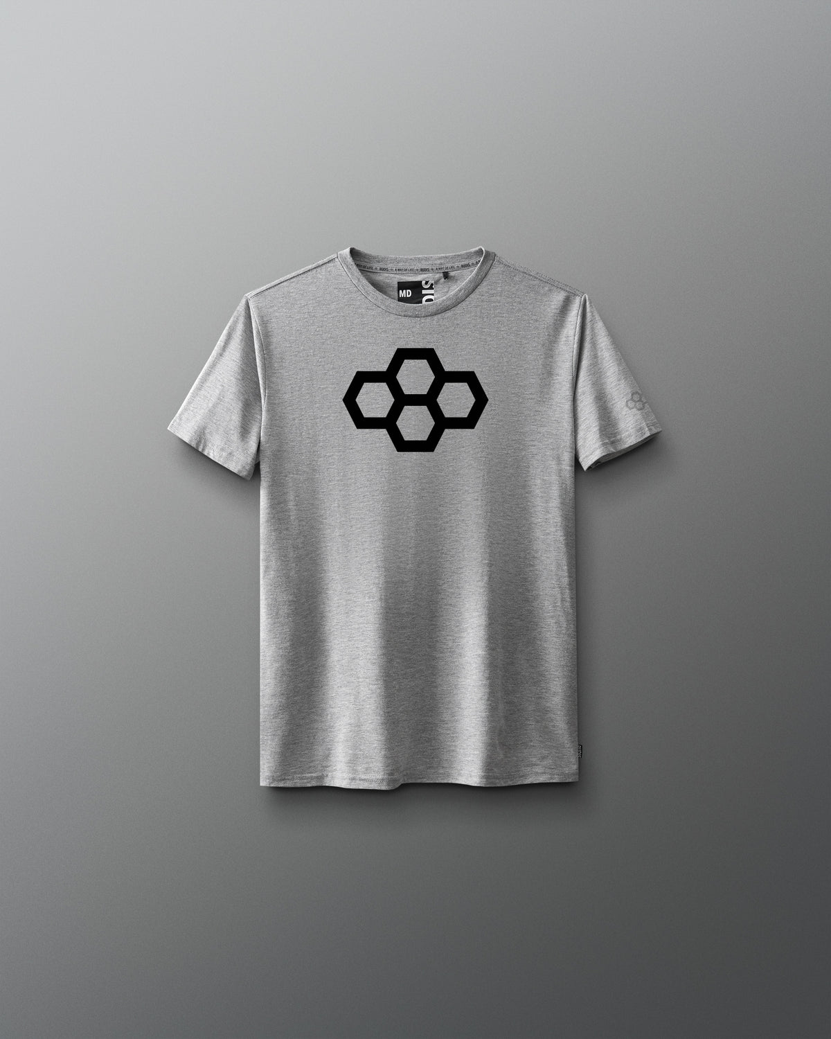 A black youth-sized t-shirt with a white graphic quadhex design on the front.
