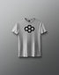 A black youth-sized t-shirt with a white graphic quadhex design on the front.