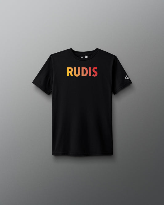 Black t-shirt with 'RUDIS' printed on it against a gray background