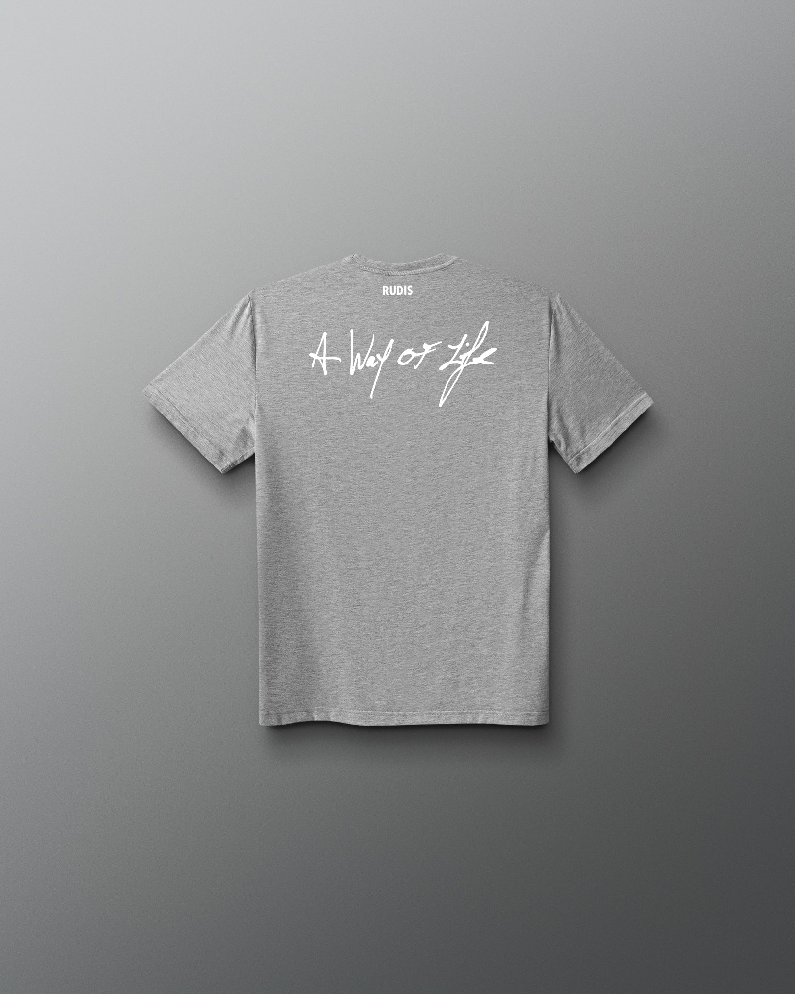 A heather gray short-sleeve t-shirt with a white cursive 'A Way of Life' graphic across the chest, displayed against a dark gray gradient background.