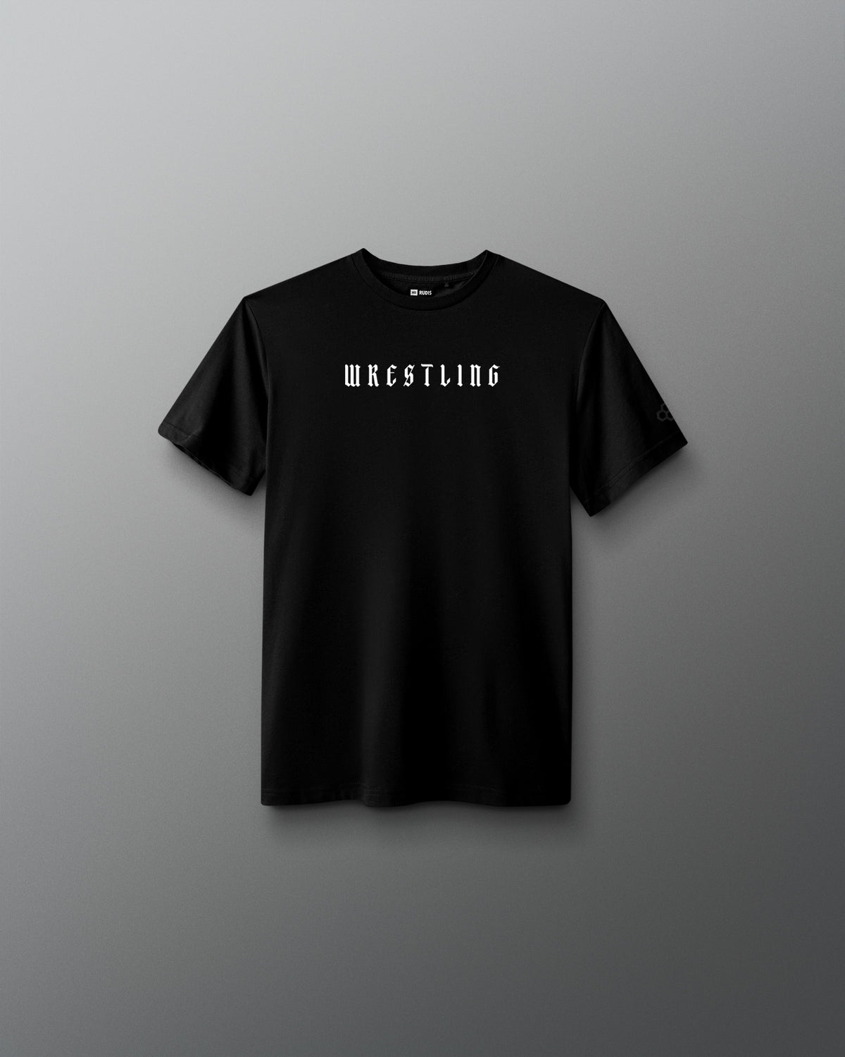 Front view of a black T-shirt with the word ‘Wrestling’ printed in bold white gothic-style font across the chest.