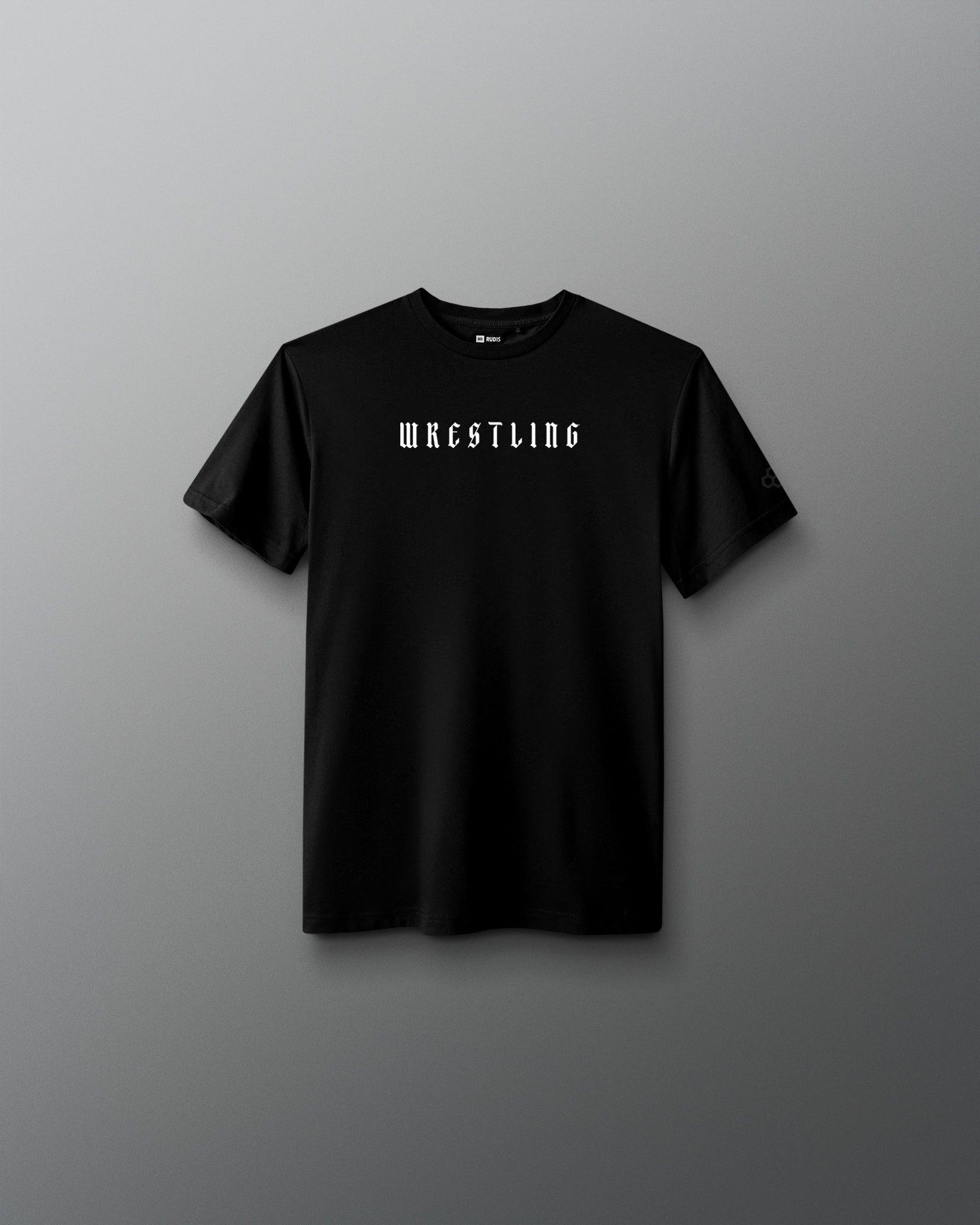 Front view of a black T-shirt with the word ‘Wrestling’ printed in bold white gothic-style font across the chest.