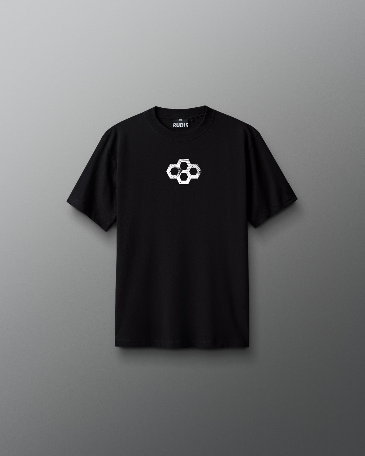 Front view of a black RUDIS T-shirt featuring a small white hexagon logo centered on the chest