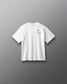 White t-shirt with a small logo on a gray background
