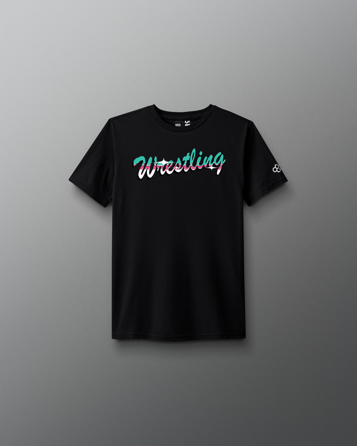 Black t-shirt with 'Wrestling' text on a gray background