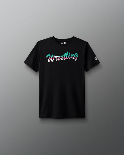 Black t-shirt with 'Wrestling' text on a gray background