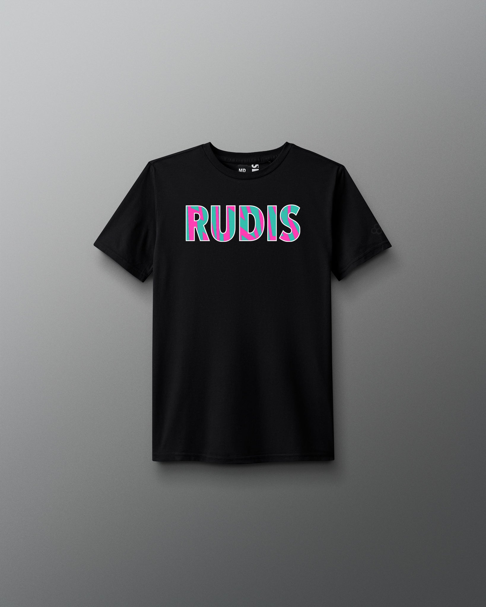 Black t-shirt with 'RUDIS' printed in colorful letters on a gray background