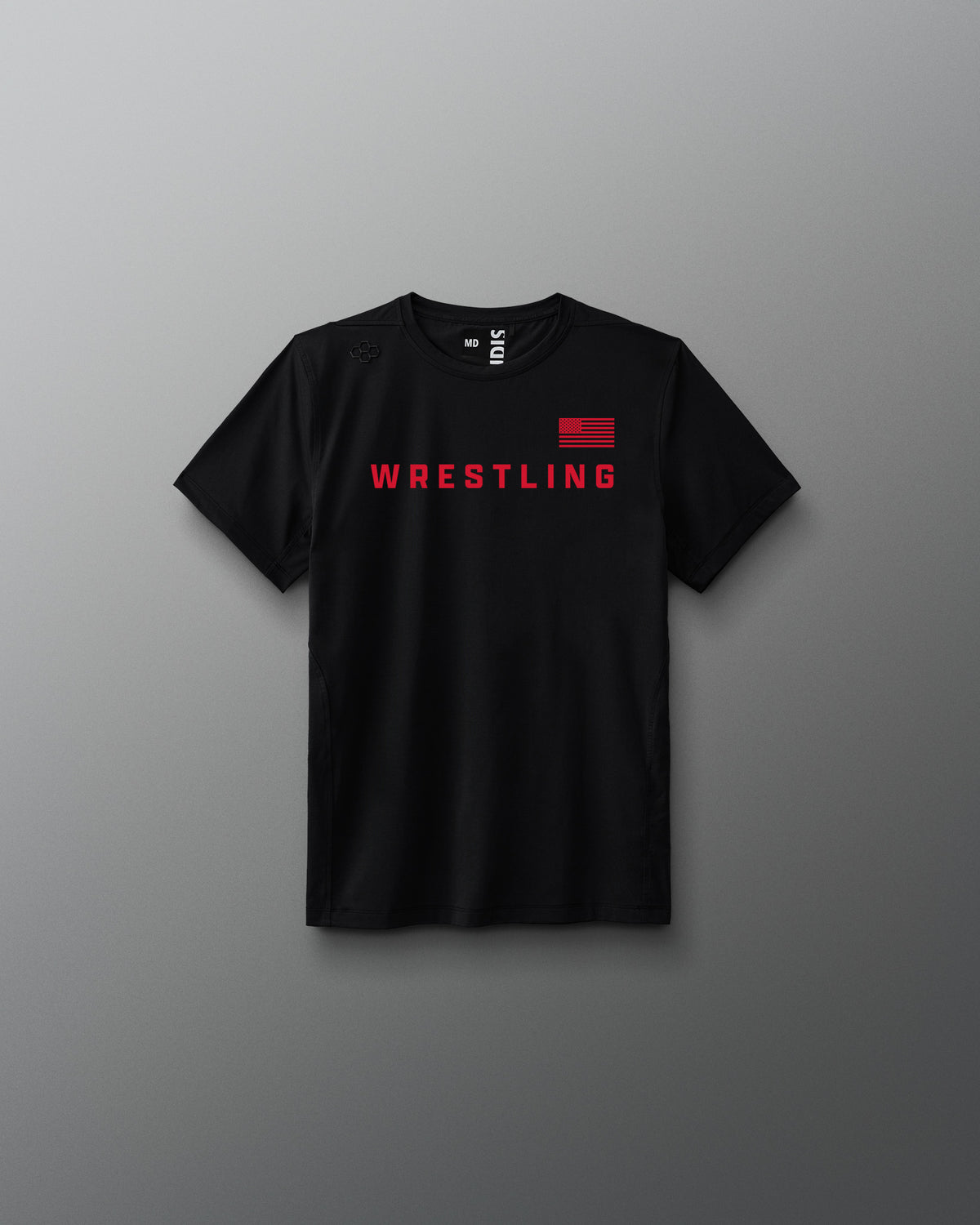 Black t-shirt with 'Wrestling' printed in red on a gray background