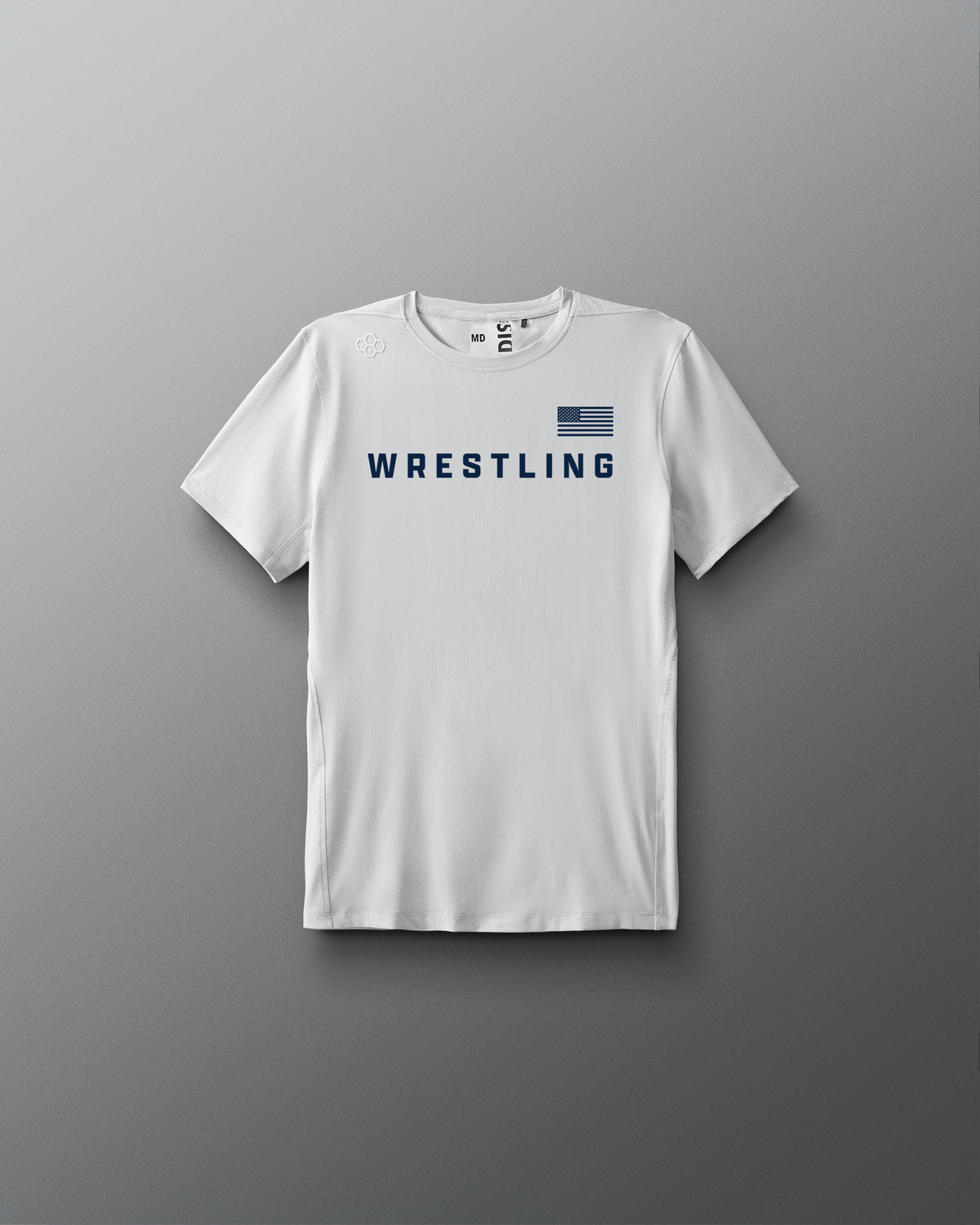 White t-shirt with 'Wrestling' text and American flag on a gray background