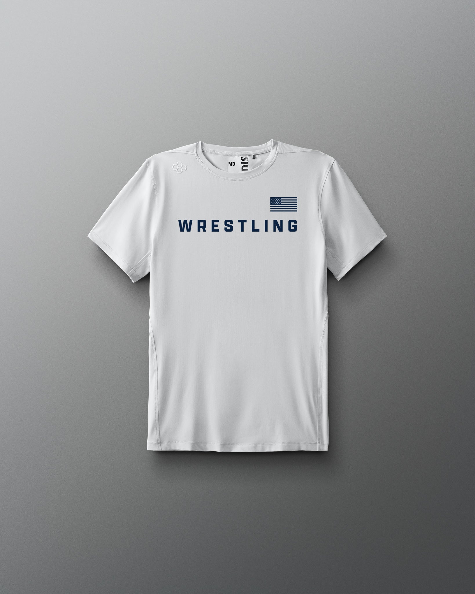 White t-shirt with 'Wrestling' text and American flag on a gray background