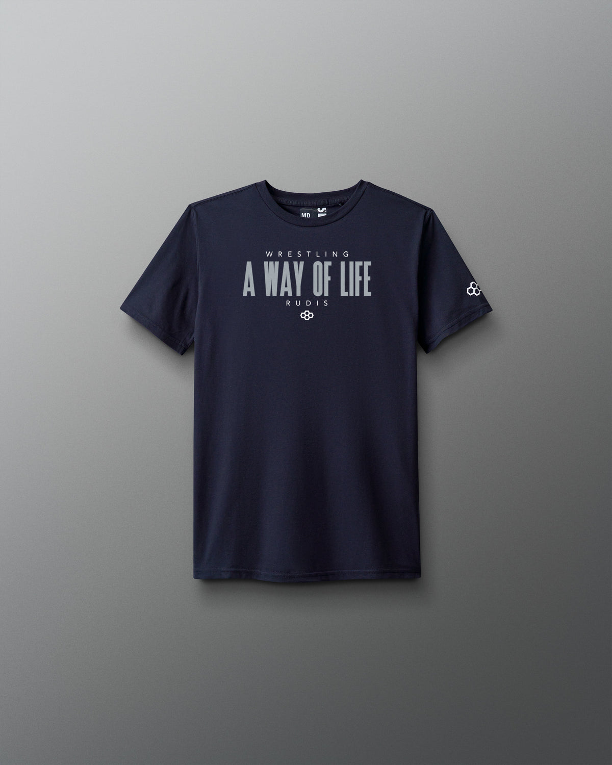 Navy blue t-shirt with 'Wrestling A Way of Life' text on a gray background