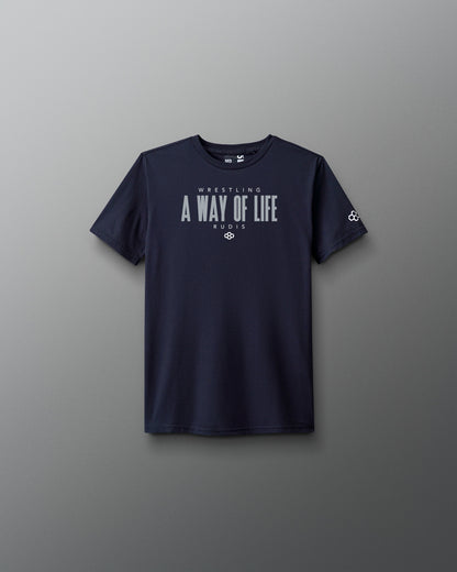 Navy blue t-shirt with 'Wrestling A Way of Life' text on a gray background