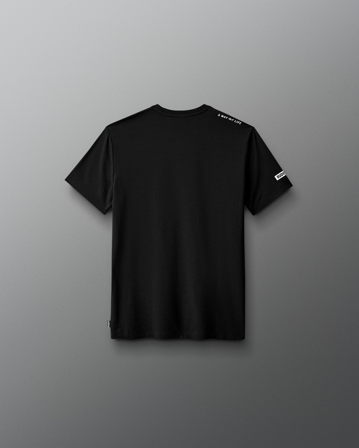 Black t-shirt with branding on a gray background