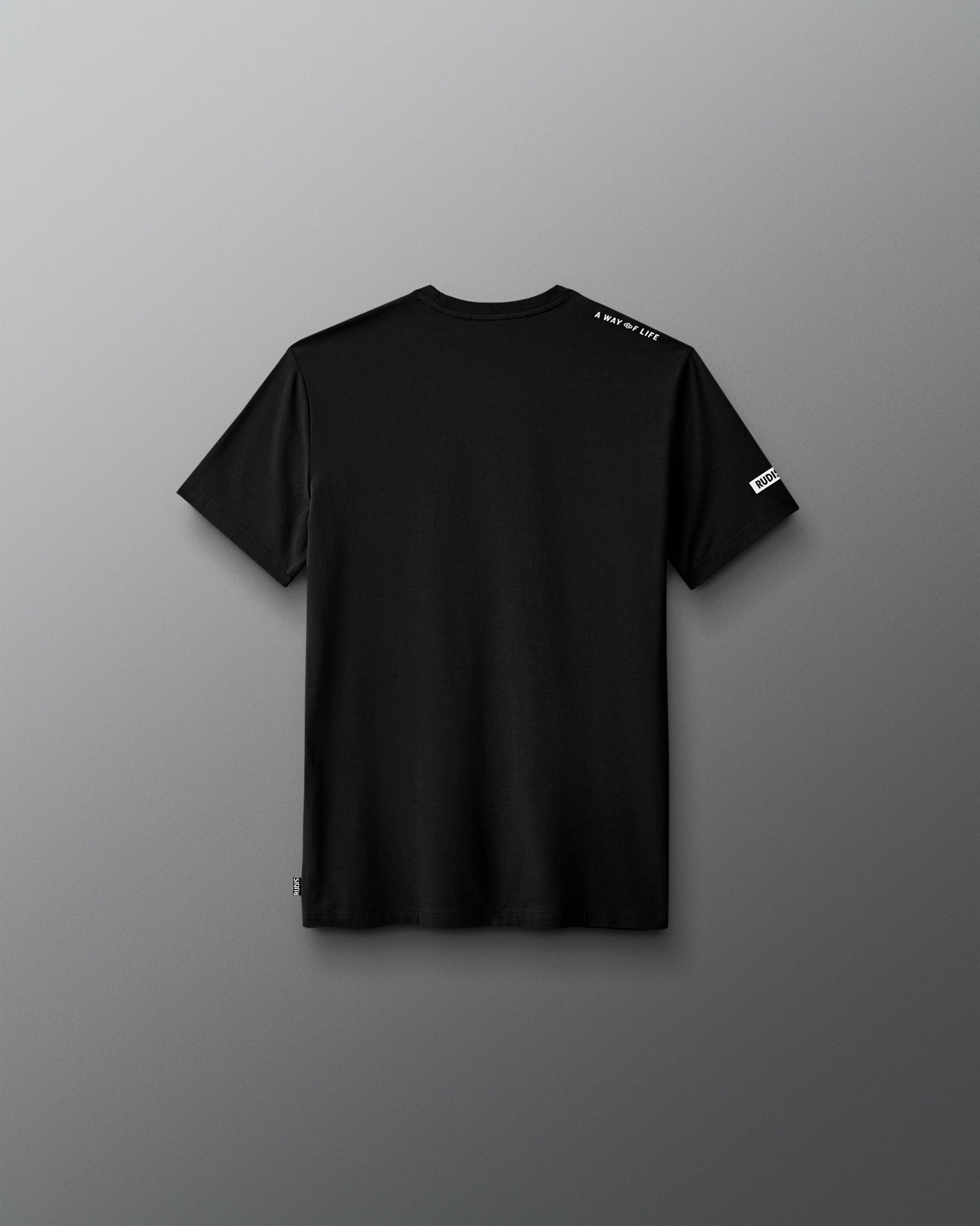 Black t-shirt with branding on a gray background