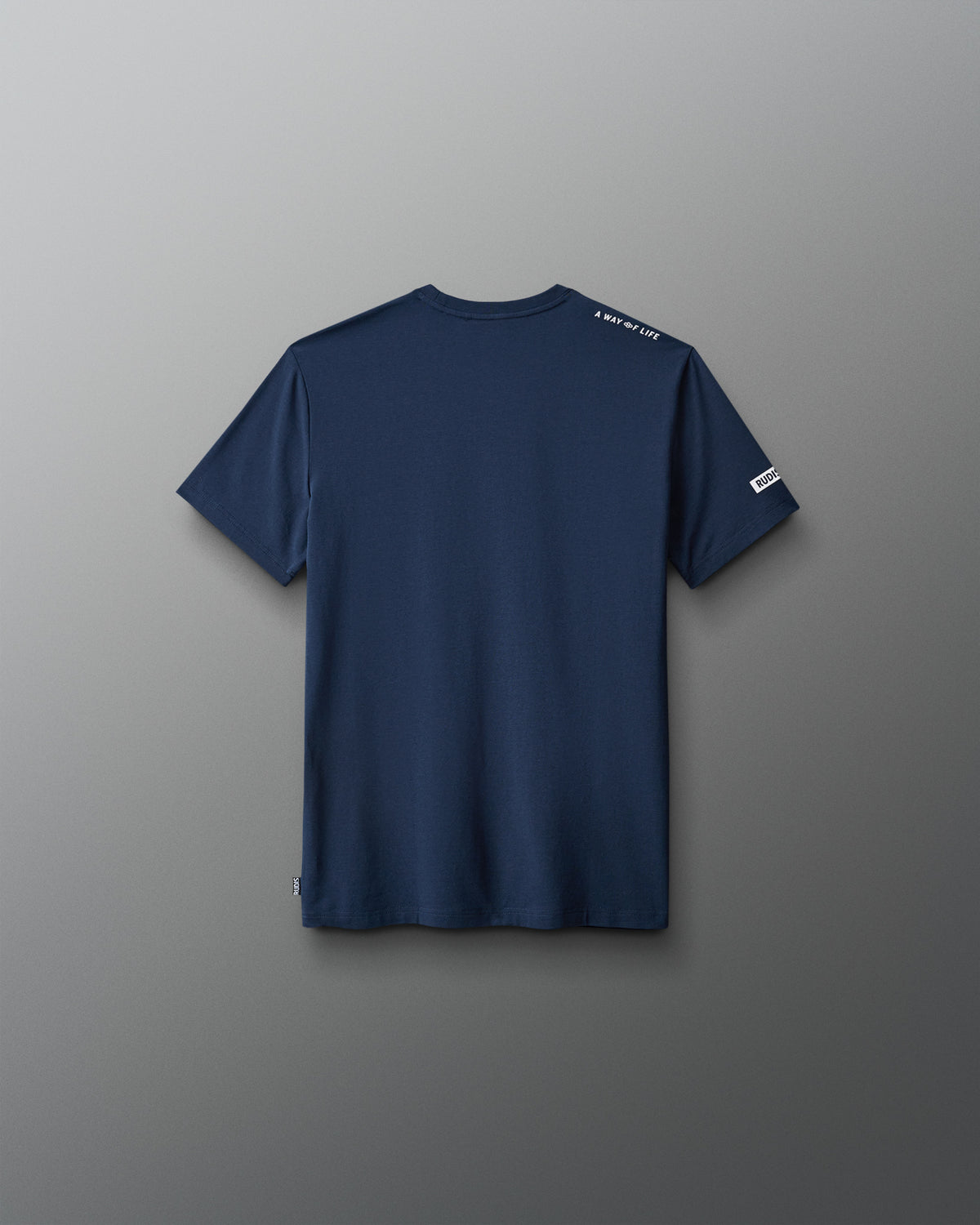 Navy t-shirt with brand logo on a gray background