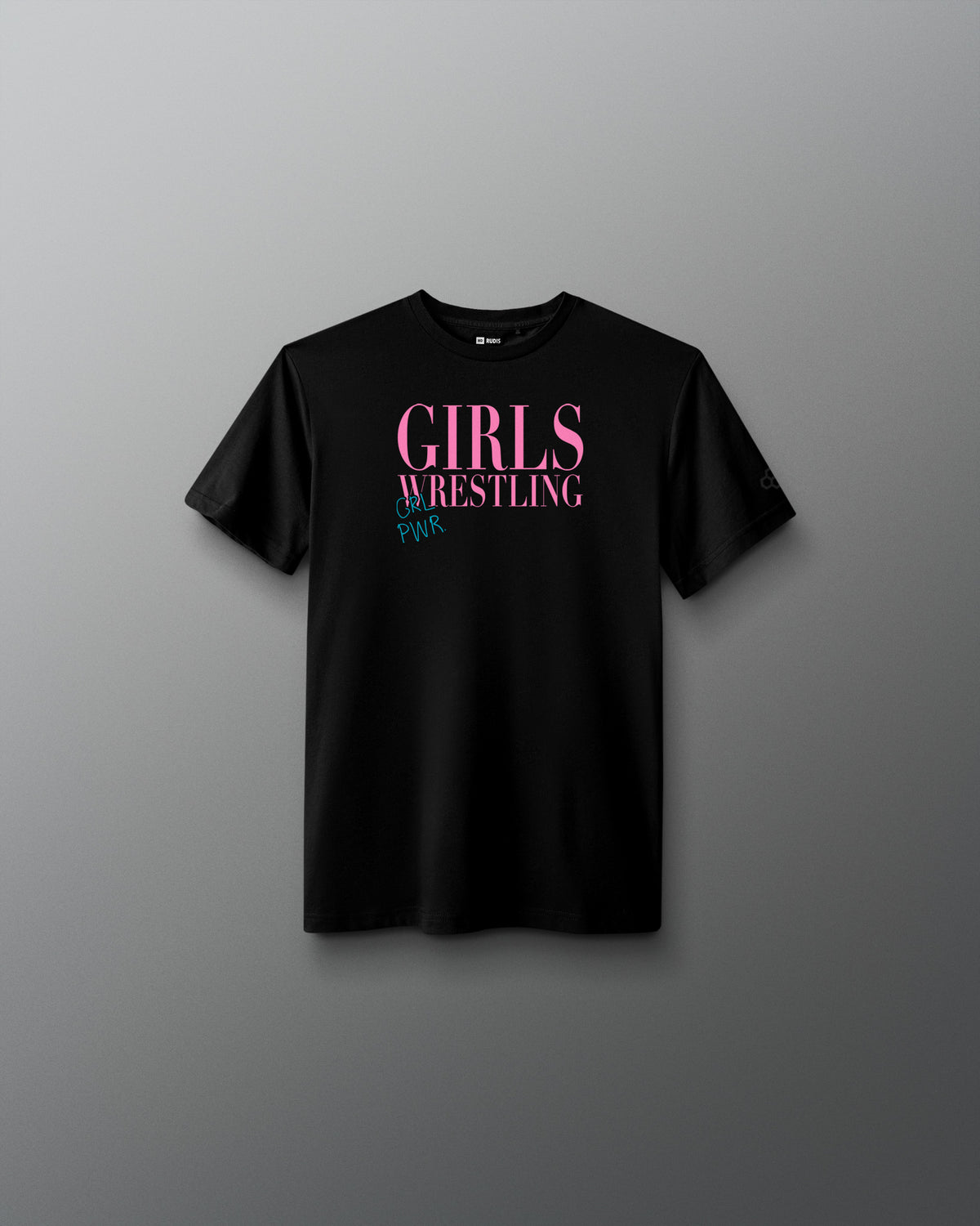Black t-shirt with pink and blue text on a gray background