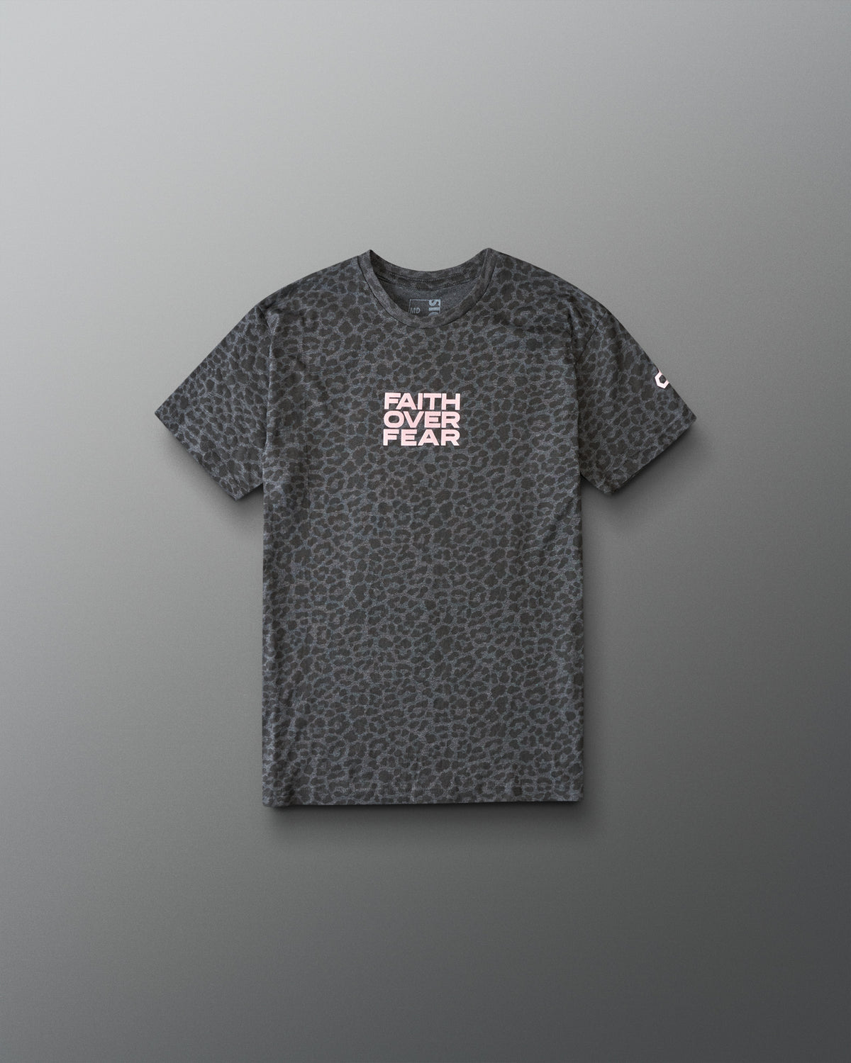 Gray t-shirt with leopard print pattern and 'Faith Over Fear' text on a gray background