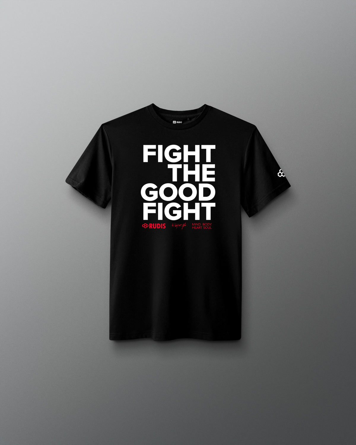 Black t-shirt with 'Fight the Good Fight' text on a gray background