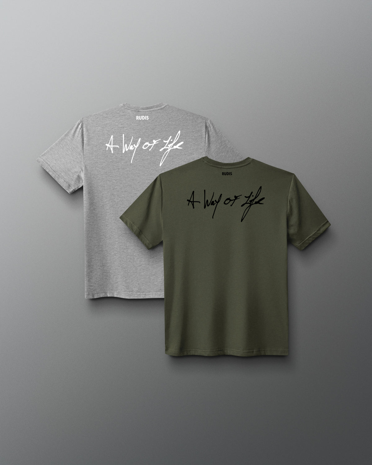Back view of the RUDIS Motto Scripted Youth Elite Super Soft T-Shirt 2-Pack in olive and heather gray with “A Way of Life” graphics.