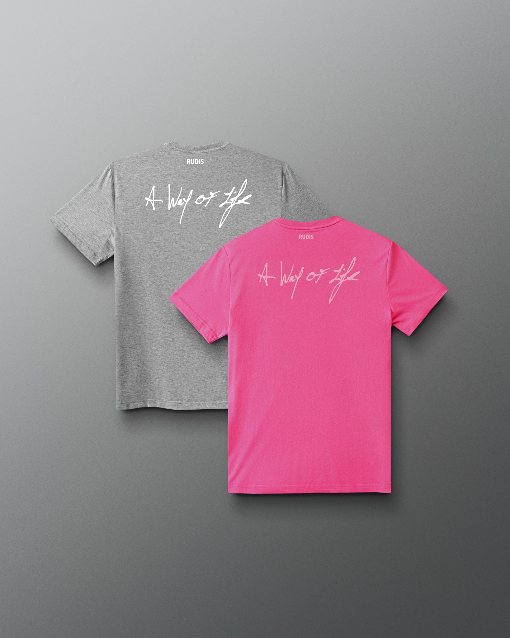 Back view of the RUDIS Motto Scripted Youth Elite Super Soft T-Shirt 2-Pack in pink and heather gray with “A Way of Life” graphics.