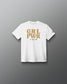 A white short-sleeve crewneck t-shirt with a gold 'GRL PWR' graphic printed on the chest, displayed against a dark gray gradient background.