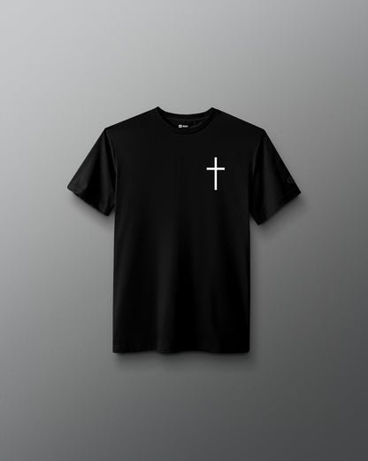 Black RUDIS Cross Youth Elite Super Soft T-Shirt featuring a white cross chest graphic and tonal RUDIS sleeve branding.