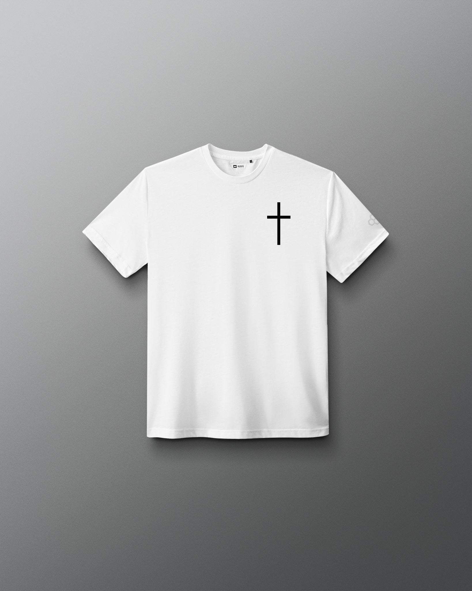 White RUDIS Cross Youth Elite Super Soft T-Shirt featuring a black cross chest graphic and subtle RUDIS sleeve branding.