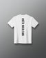 Back of the white RUDIS Cross Youth Elite Super Soft T-Shirt featuring vertical black “Faith Over Fear” lettering and RUDIS neck branding.