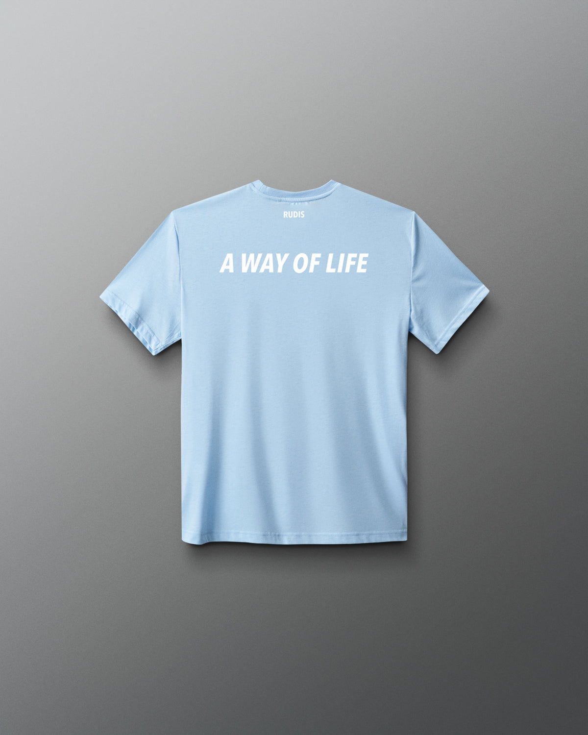 Back view of RUDIS USA Youth Elite Super Soft T-Shirt in light blue, featuring white A WAY OF LIFE lettering across the upper back and RUDIS branding below the collar.
