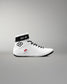 White wrestling shoe with black accents on a gray background