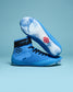 RUDIS Samurai Speed Ikigai youth wrestling shoes in vibrant blue, showcasing translucent wave-patterned outsoles, black ankle straps, and signature branding.