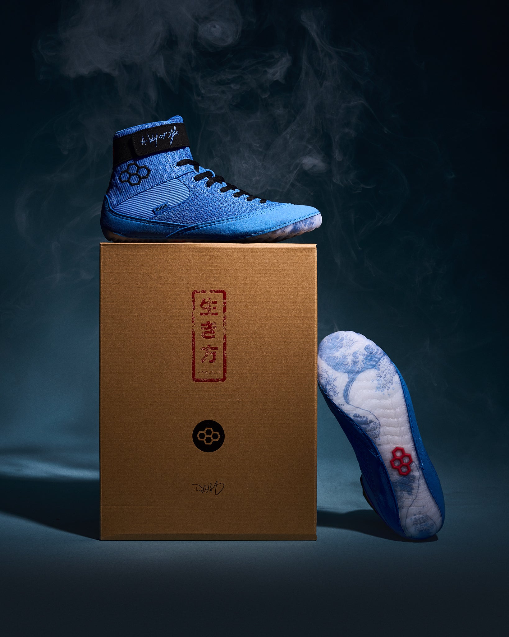 RUDIS Samurai Speed Ikigai youth wrestling shoe displayed on custom packaging with Japanese-inspired artwork, blue mesh upper, and translucent outsole.