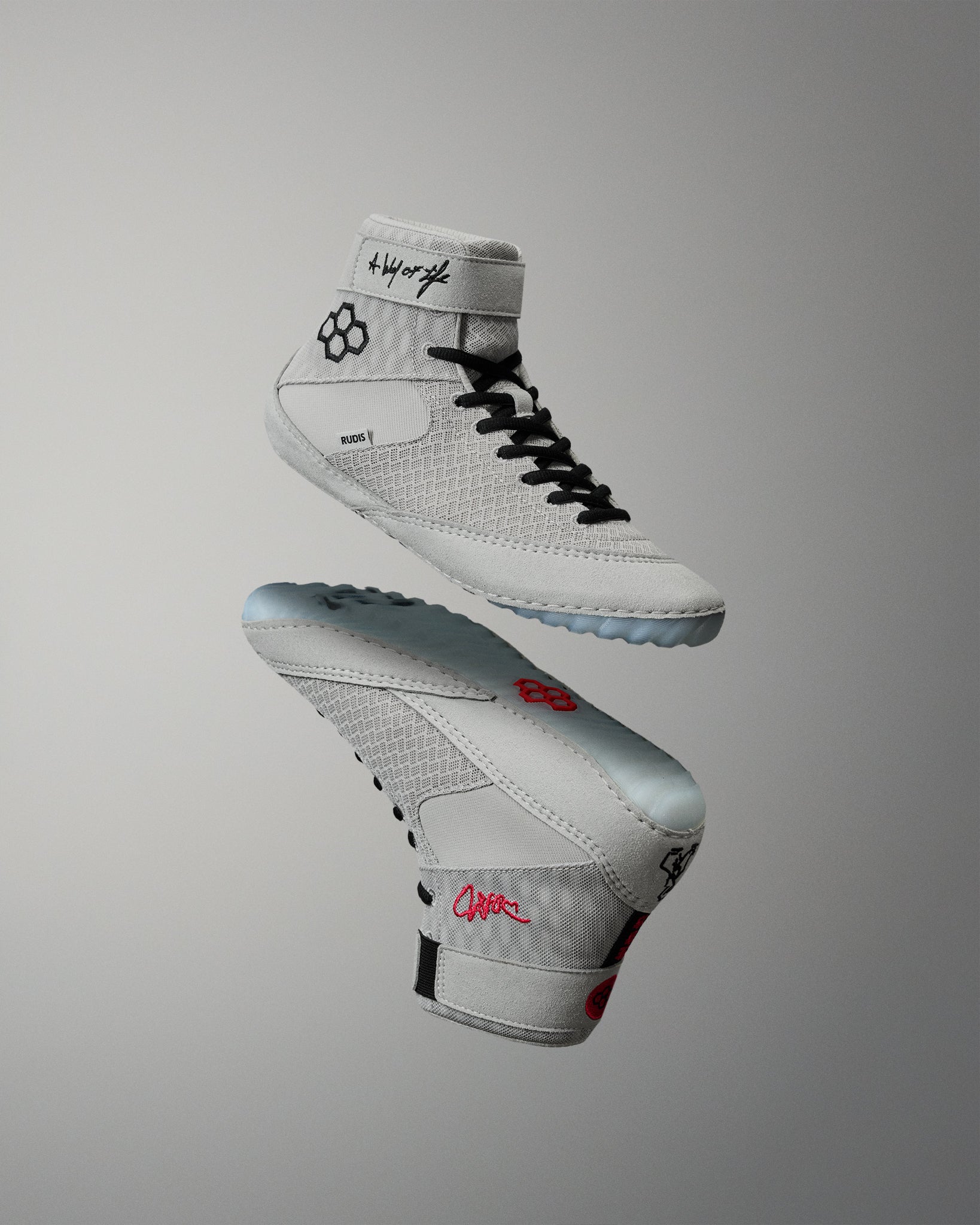 RUDIS Samurai Speed Youth Wrestling Shoes in Kokoro displayed from multiple angles, highlighting gray mesh construction, high-top ankle straps, and translucent blue soles.