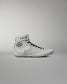 Lateral side view of the RUDIS Samurai Speed Youth Kokoro wrestling shoe, featuring a light gray mesh upper, black RUDIS emblem, ankle strap, and black laces.
