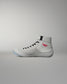 Medial side view of the RUDIS Samurai Speed Youth Kokoro wrestling shoe, showcasing textured gray mesh, black laces, red embroidered signature, and high-top ankle strap.