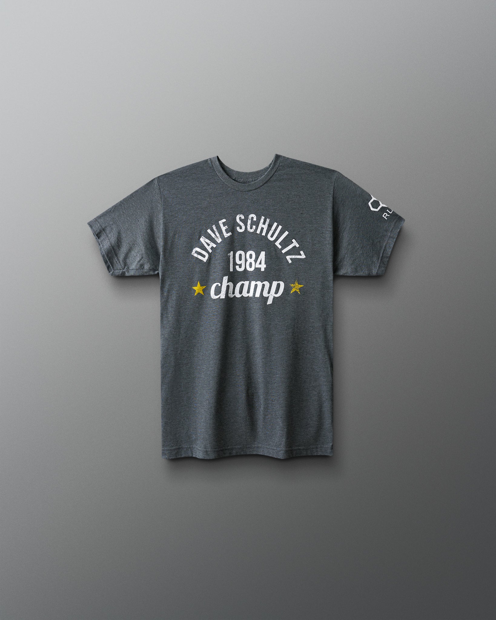 Gray t-shirt with 'Dave Schultz 1984 champ' text on a gray background