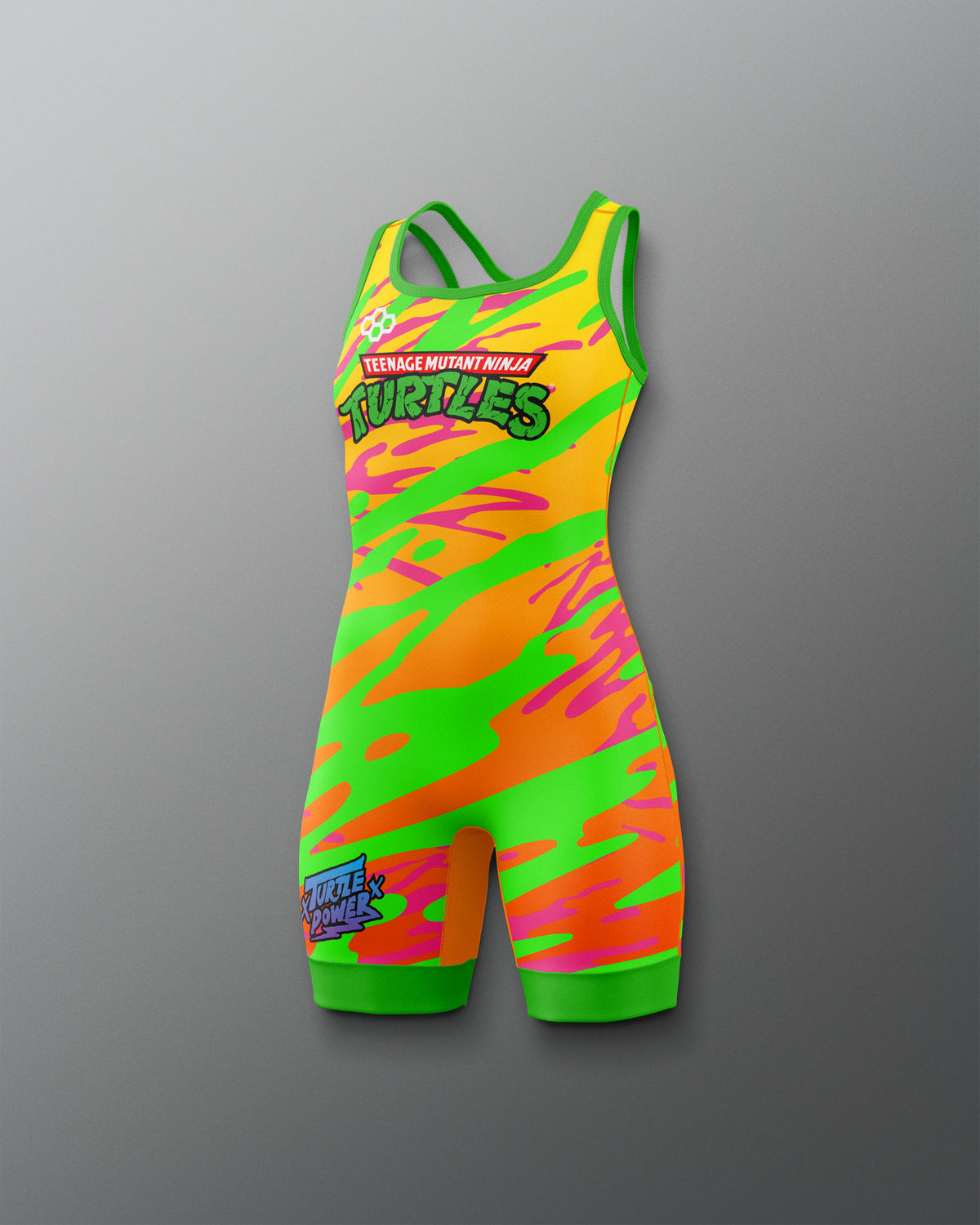 Neon-colored wrestling singlet with 'Teenage Mutant Ninja Turtles' branding on a gray background