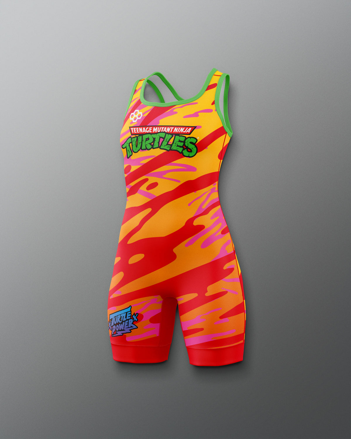 Colorful wrestling singlet with Teenage Mutant Ninja Turtles branding on a gray background