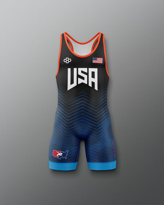 Freestyle Wrestling singlet with 'USA', USA Wrestling logo and American flag design on a gray background