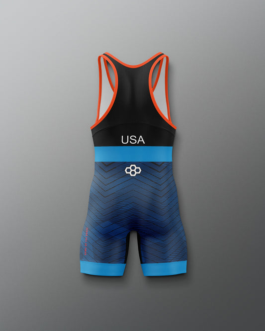 Freestyle Wrestling Singlet with 'USA' and logo on a gray background