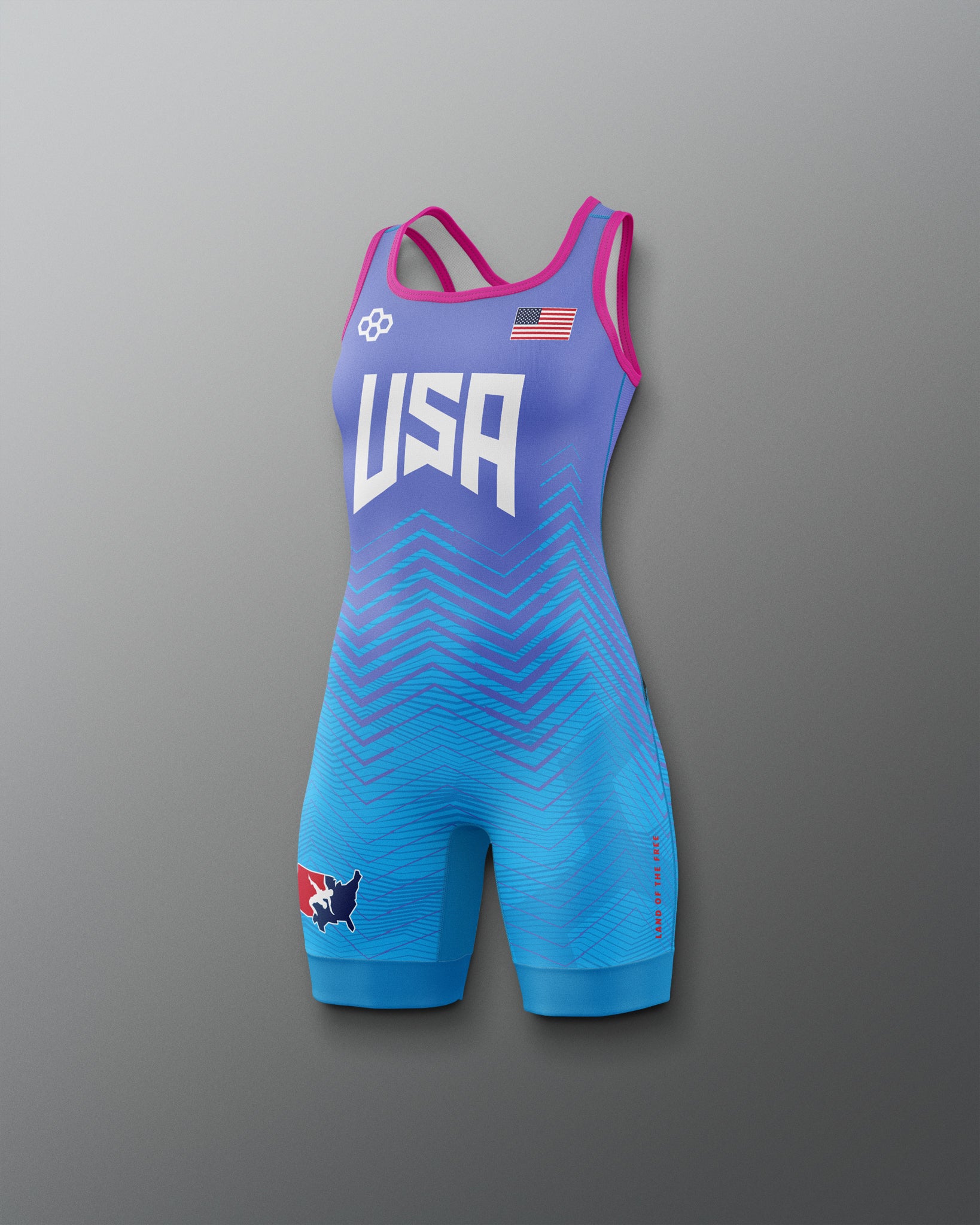 Blue and purple Freestyle Wrestling Singlet with 'USA' branding on a gradient background