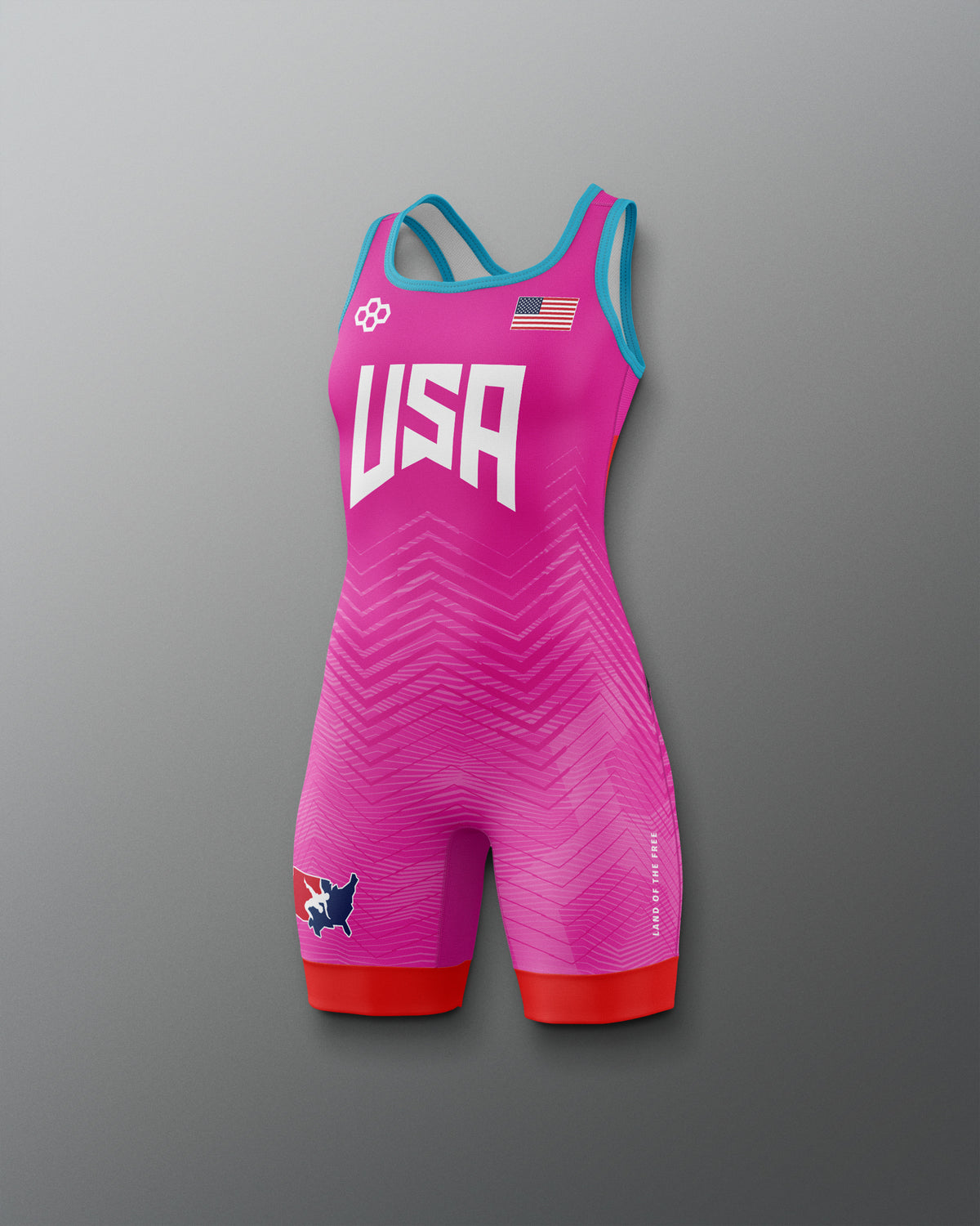 Pink and blue Freestyle Wrestling Singlet with 'USA' branding on a gray background